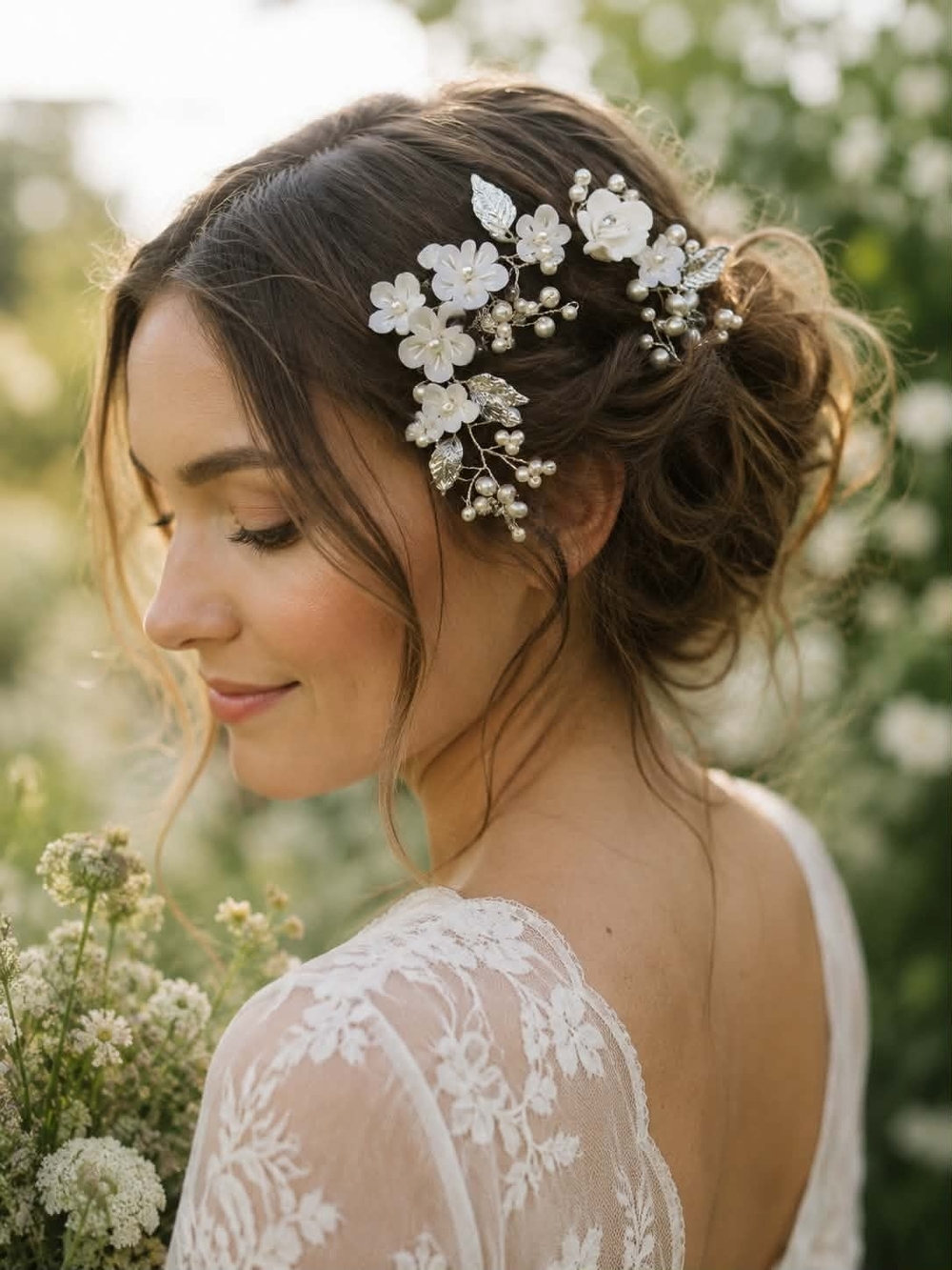 Bridal Pearl & Floral Hair Comb - White